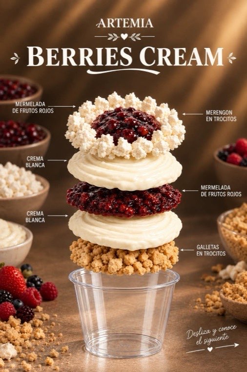 Berries Cream de ARTEMIA: capas de mermelada de frutos rojos, crema blanca, galleta en trocitos y merengón