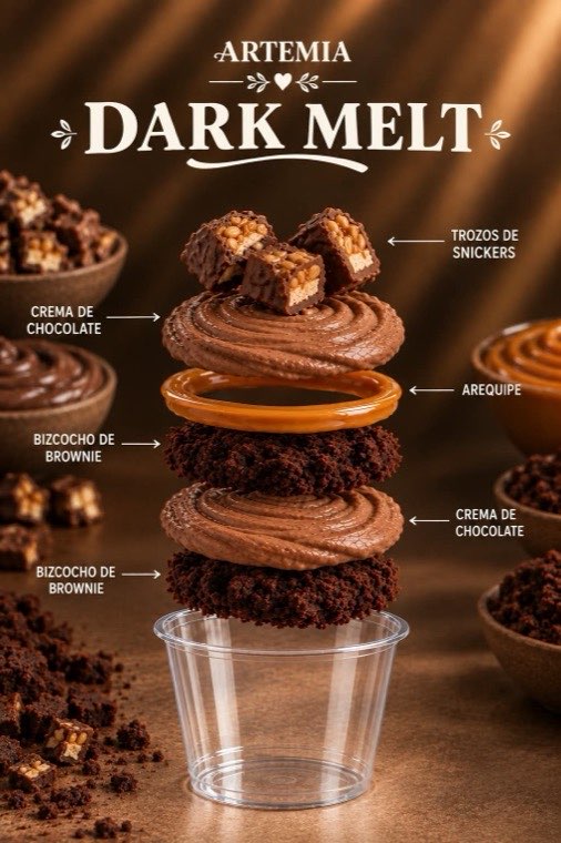 Dark Melt de ARTEMIA: bizcocho de brownie, crema de chocolate, arequipe y trozos de Snickers